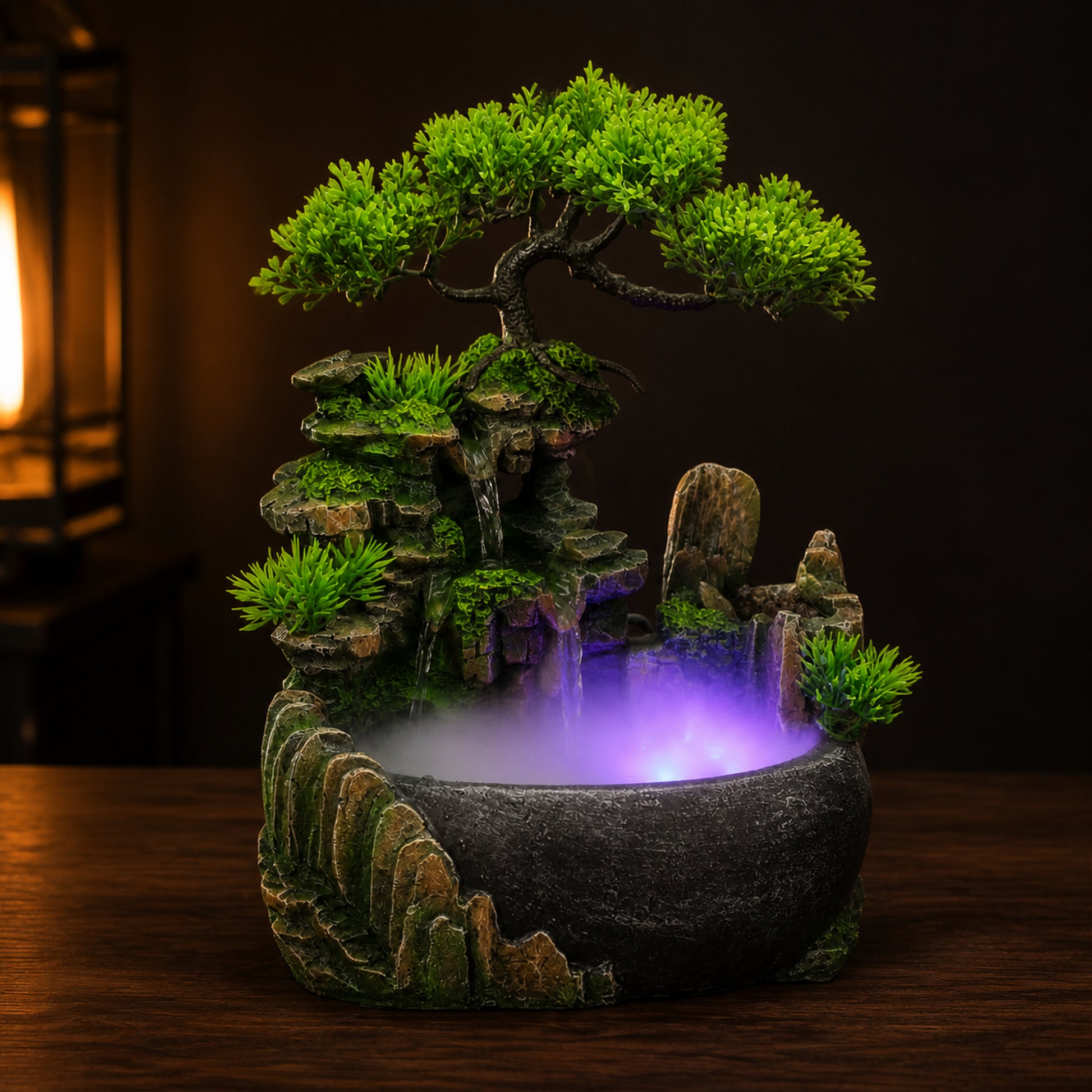 Mist-Lit Bonsai Tabletop Fountain on a dark charcoal studio background