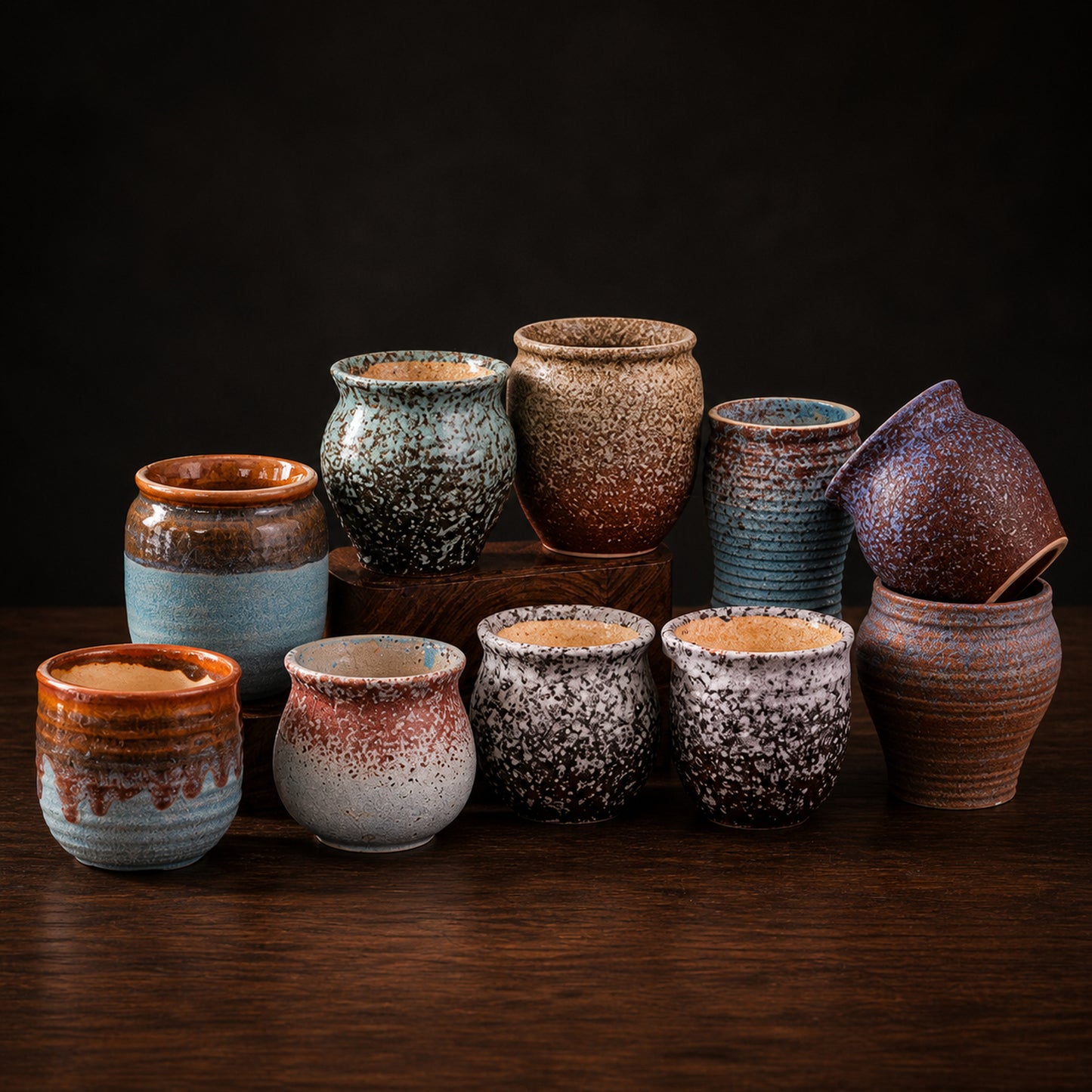 Assorted Mini Ceramic Planter Set on a dark charcoal studio background