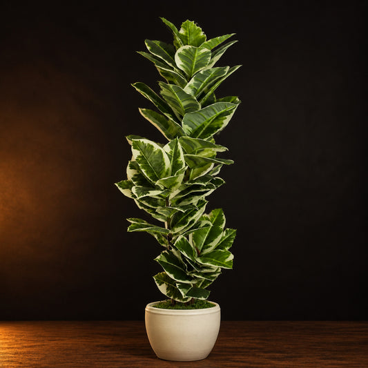 Artificial Variegated Rubber Plant on a dark charcoal studio background