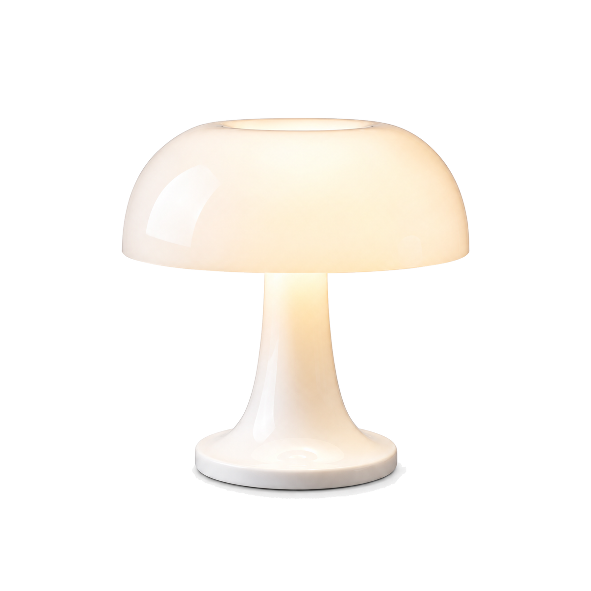 USB mushroom table lamp in white, lit, on a white background