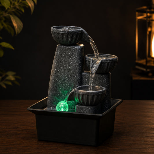 Crystal Ball Tabletop Fountain on a dark charcoal studio background