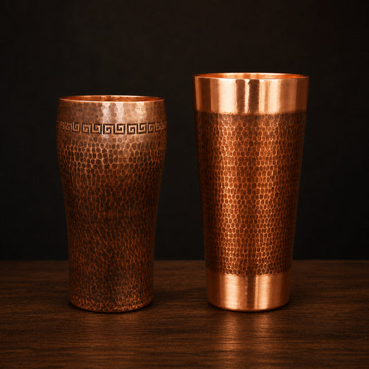 Greek-Key Copper Tumbler on a dark charcoal studio background
