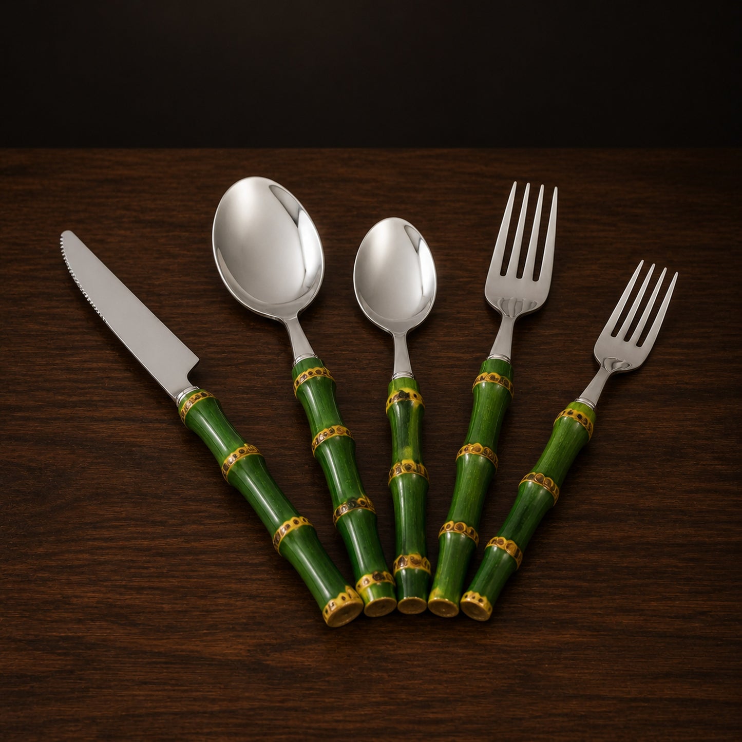 Bamboo-Handle Cutlery Set on a dark charcoal studio background