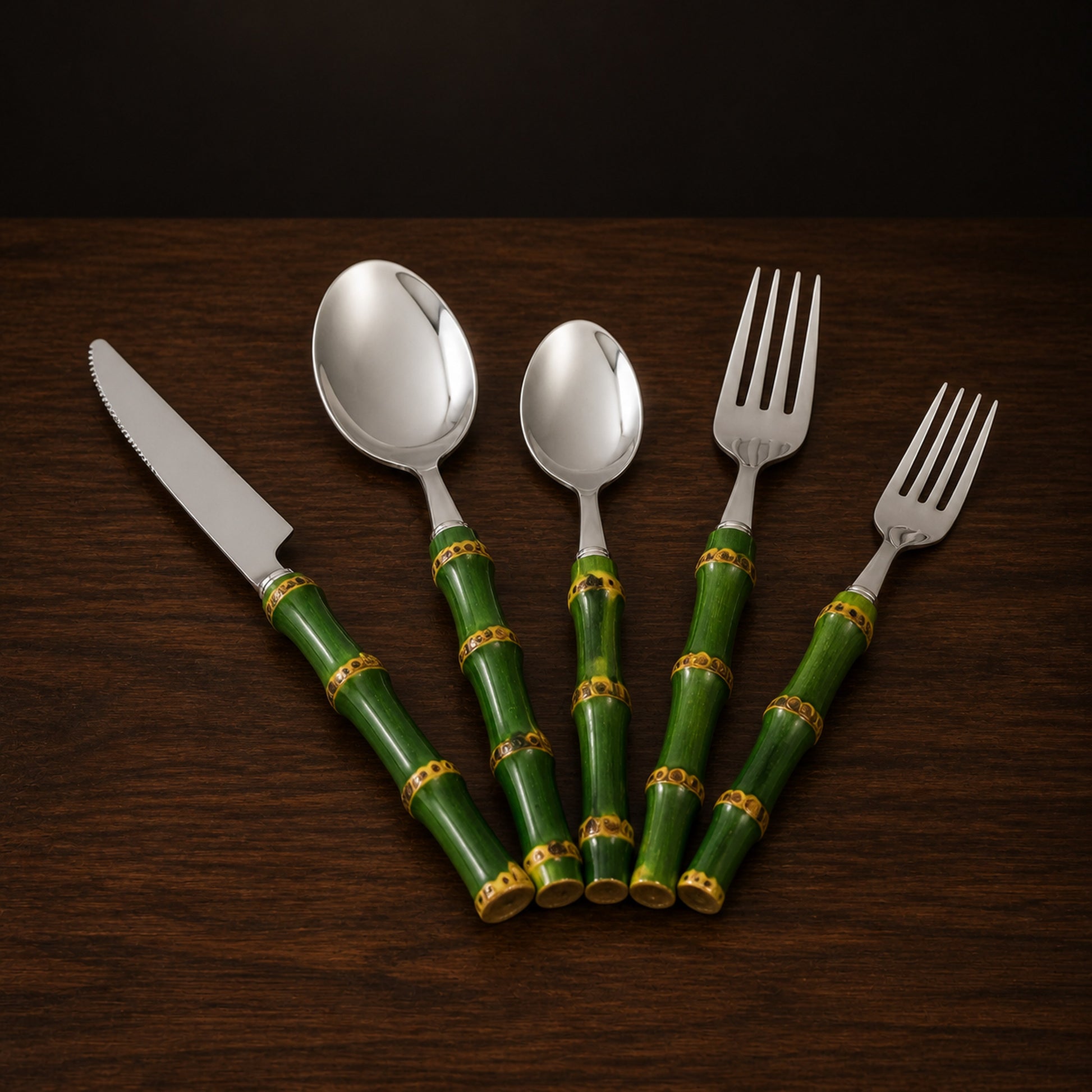 Bamboo-Handle Cutlery Set on a dark charcoal studio background