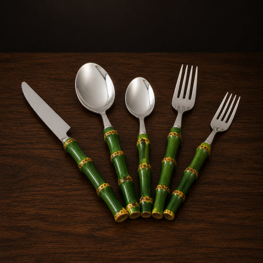 Bamboo-Handle Cutlery Set on a dark charcoal studio background