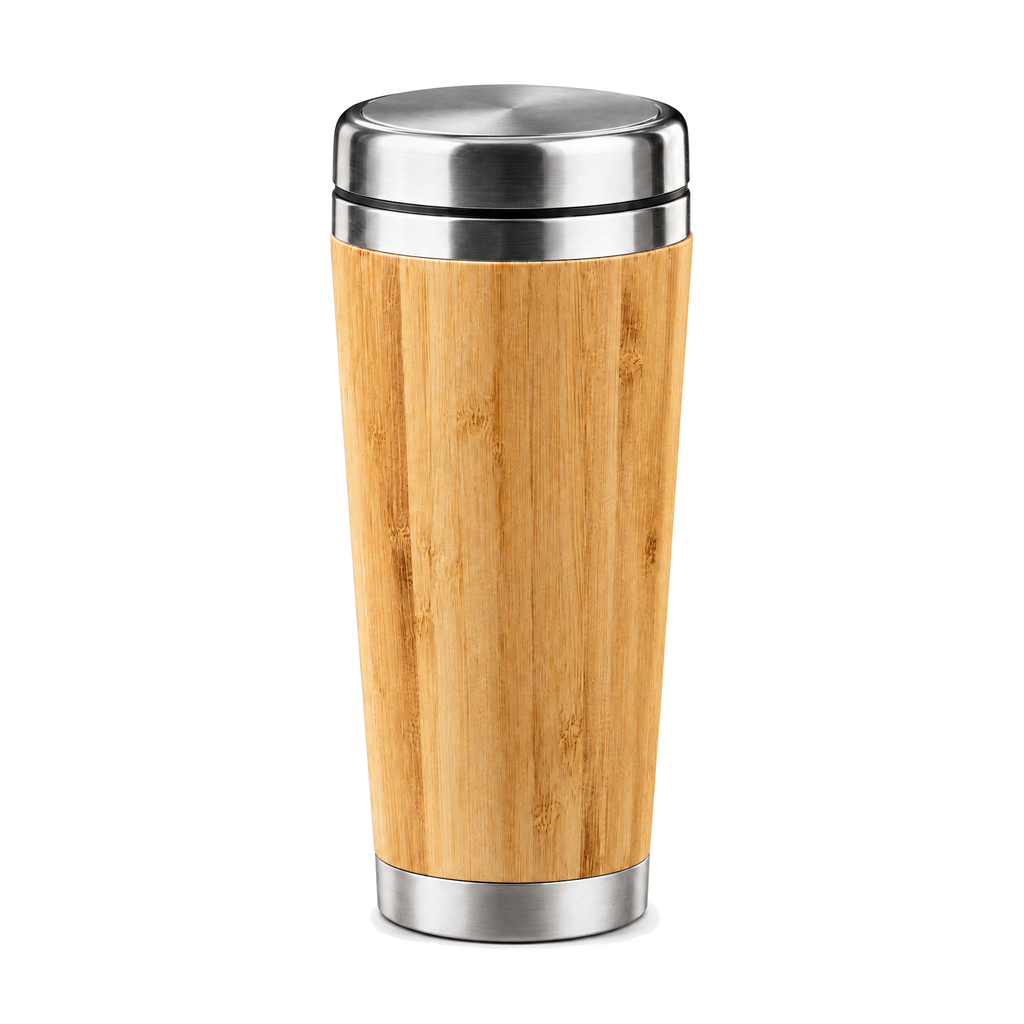 Bamboo insulated travel mug on a white background