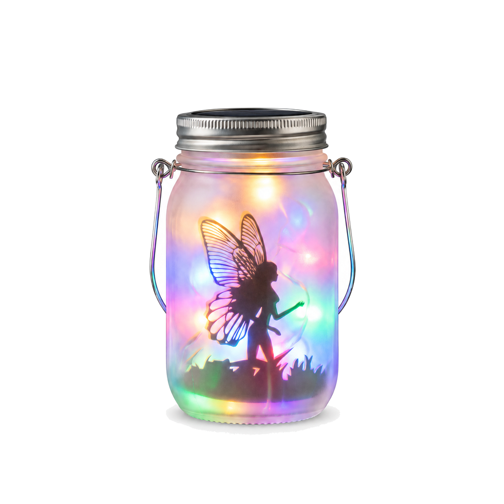 Solar mason jar lantern in the multi-colour LED option on a white background