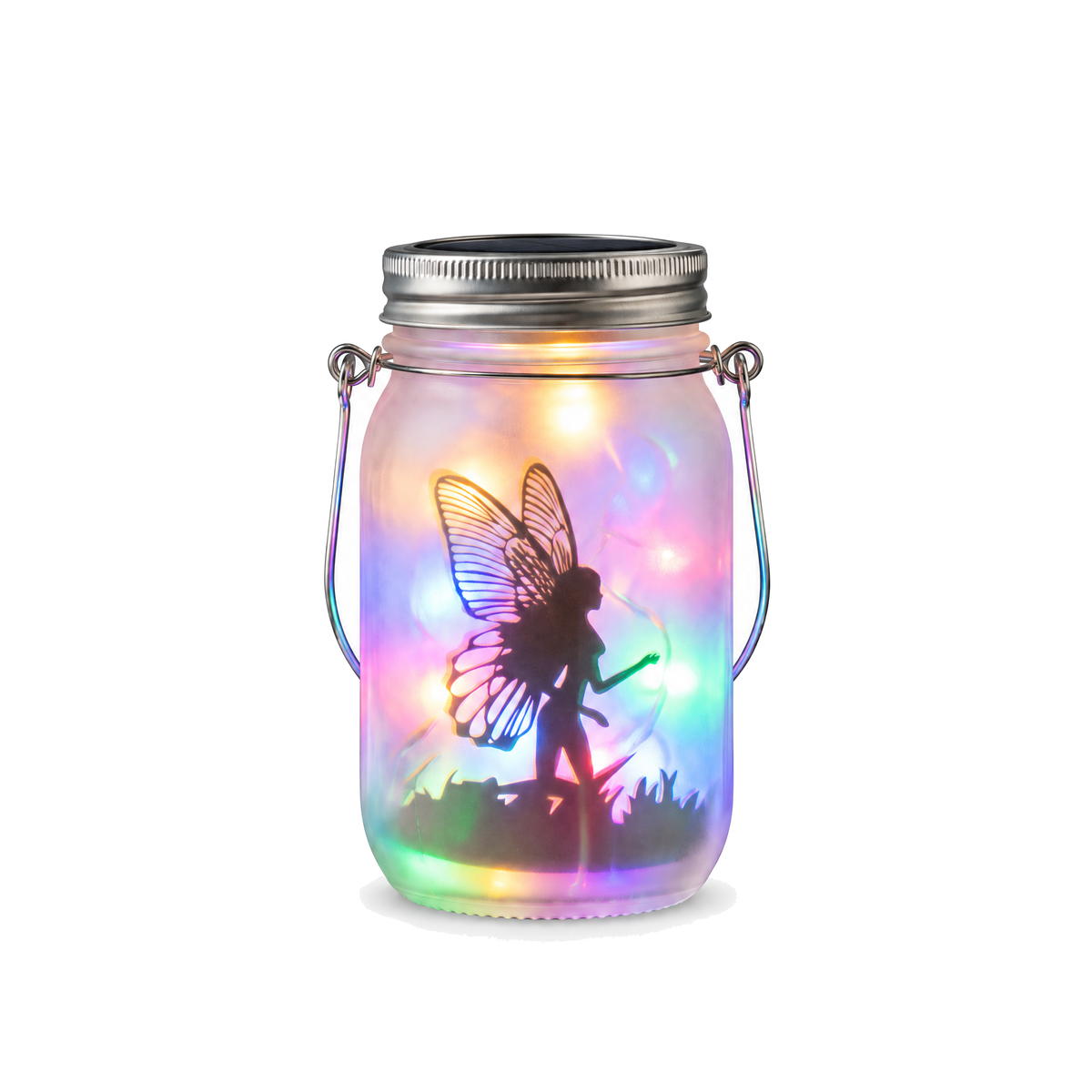 Solar mason jar lantern in the multi-colour LED option on a white background