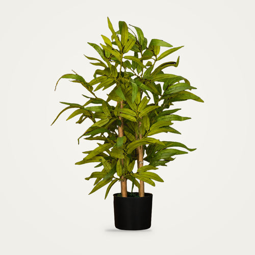 Artificial bamboo table plant on a plain soft white background