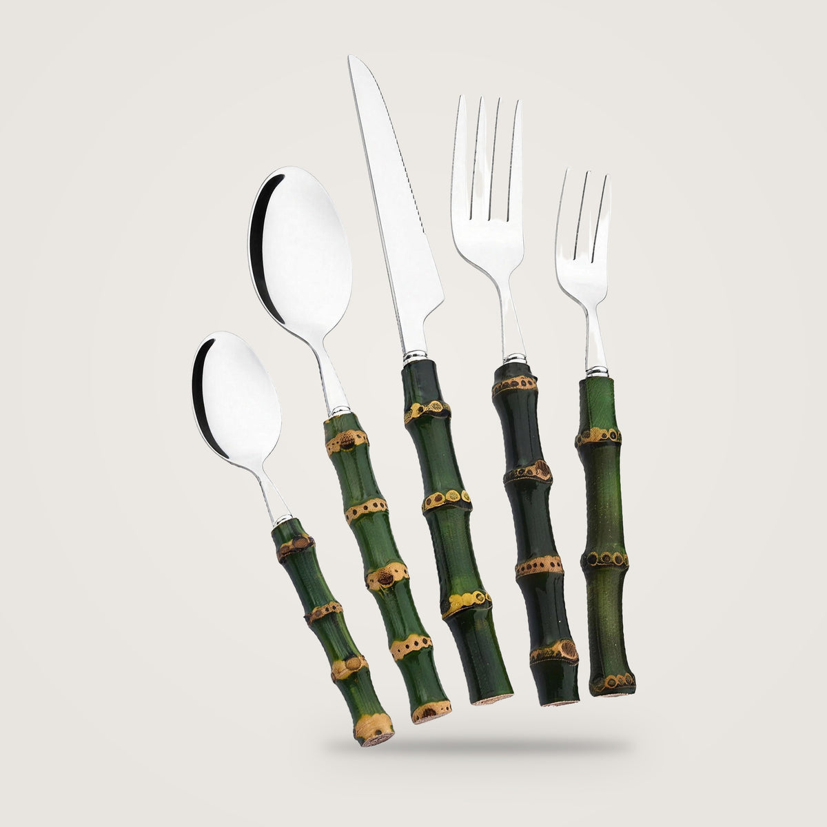 Bamboo-handle cutlery set, Silver option, on a plain light grey background