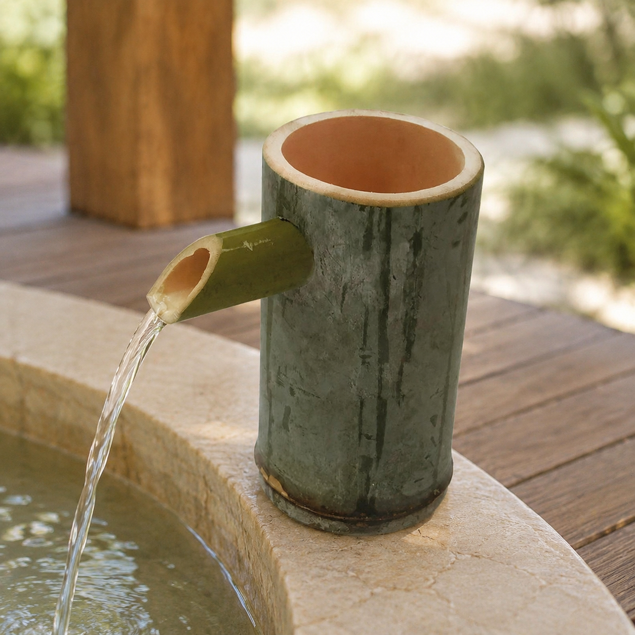 Natural bamboo water spout beside a cream stone basin