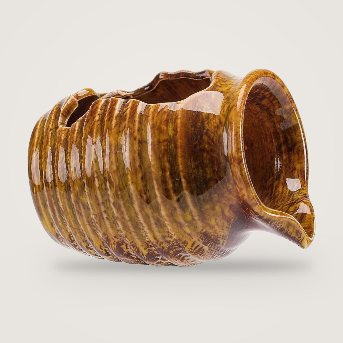 Ceramic water feature jug, Glazed Amber option, on a plain light grey background