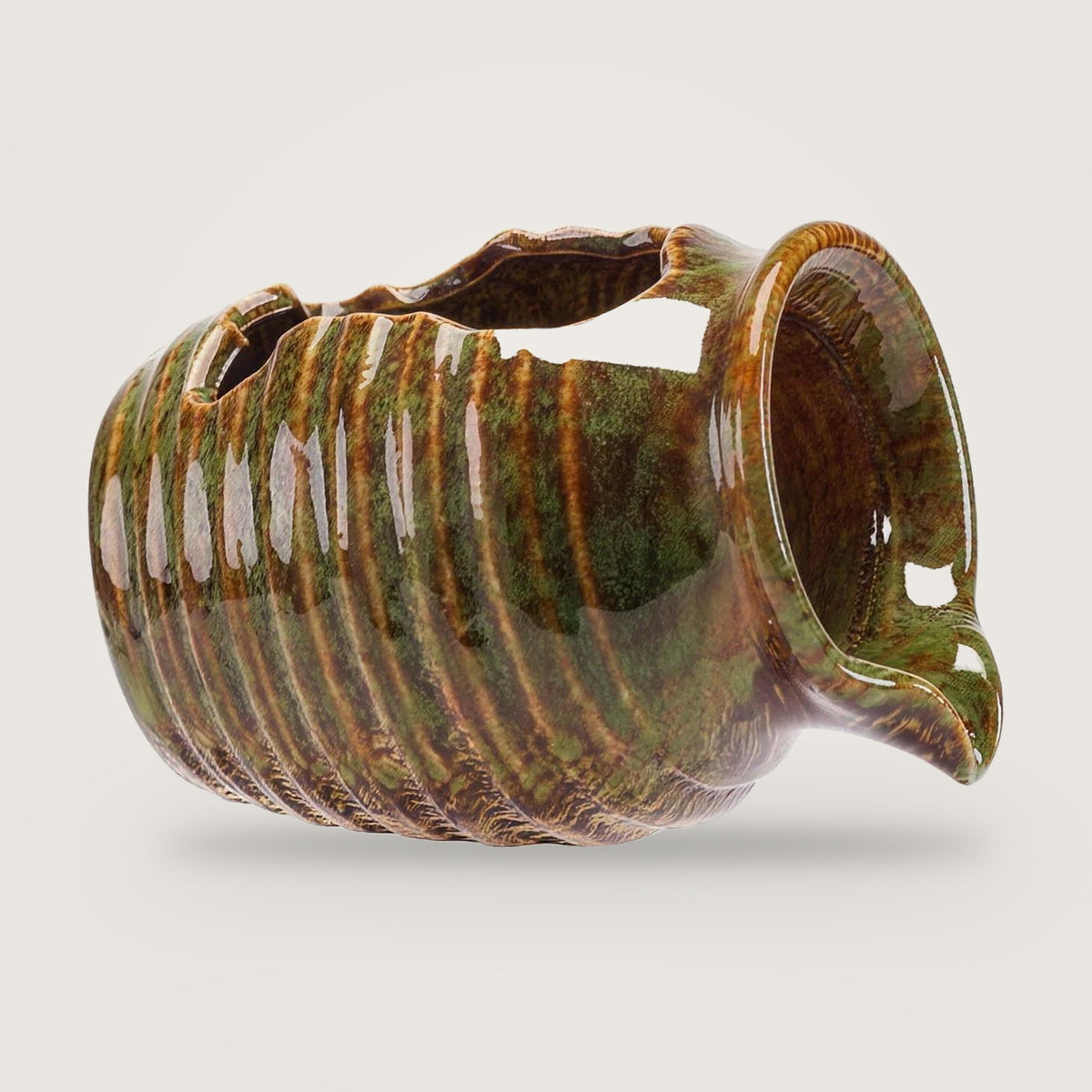 Ceramic water feature jug, Glazed Green option, on a plain light grey background