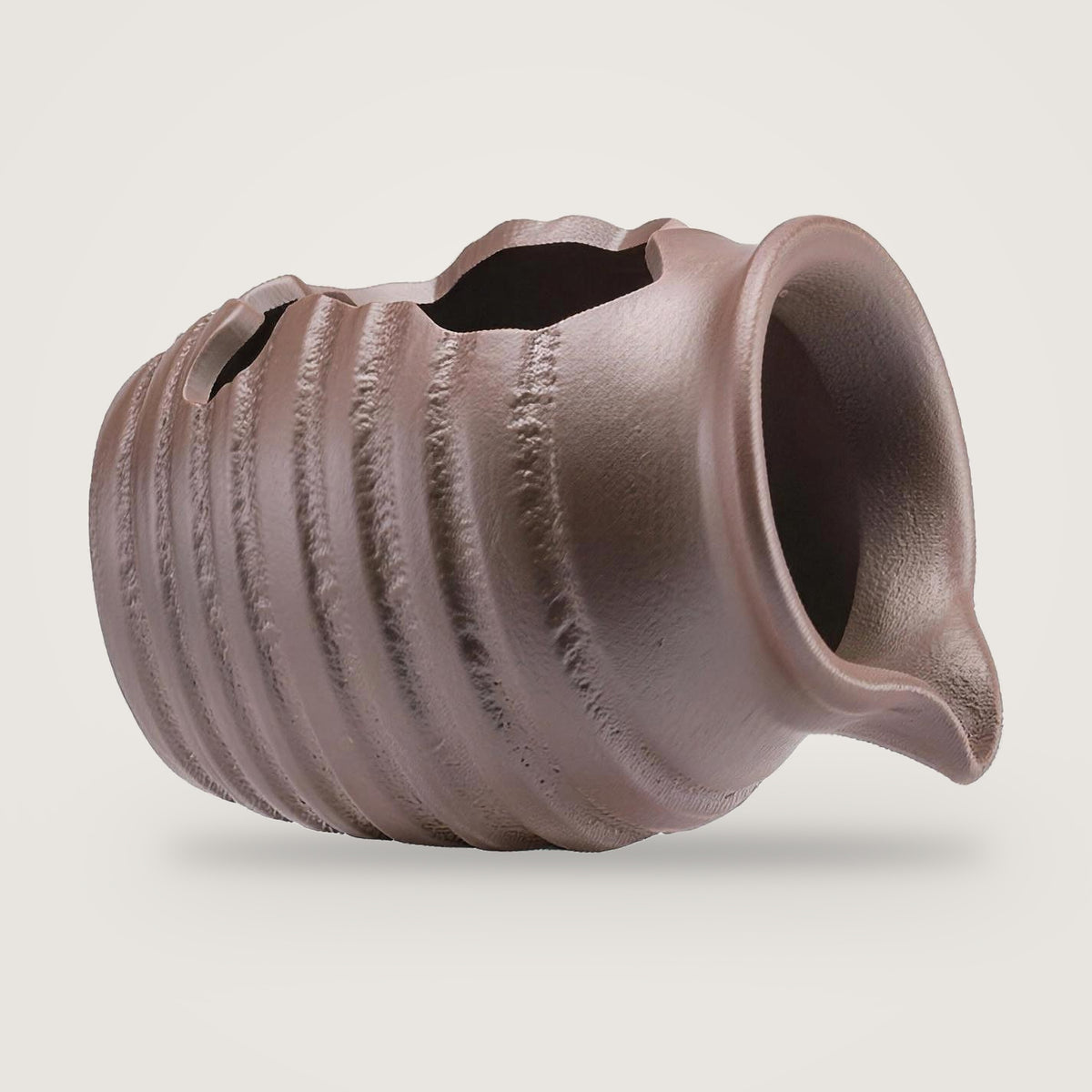 Ceramic water feature jug, Matte Brown option, on a plain light grey background