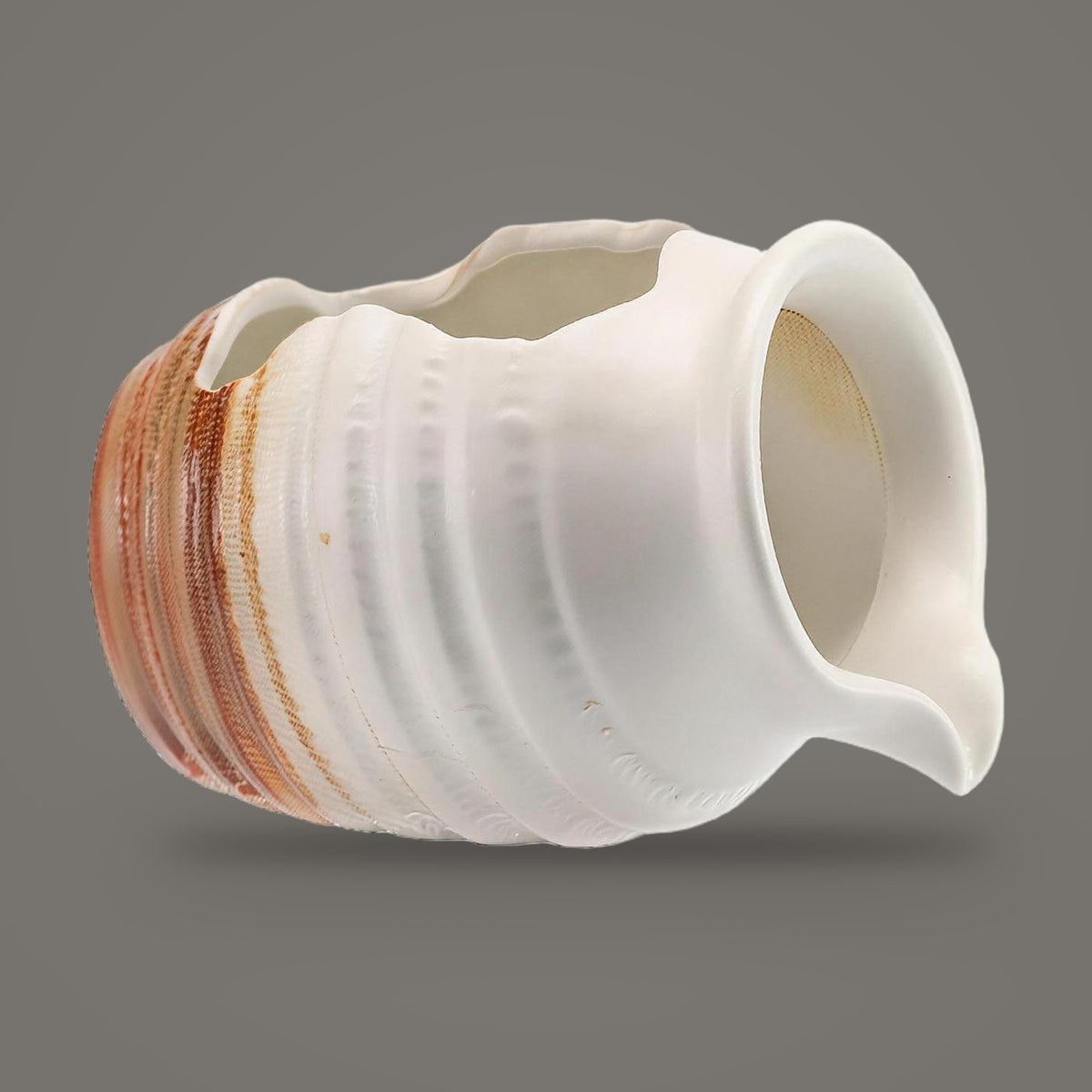 Ceramic water feature jug, Rustic White option, on a plain mid grey background