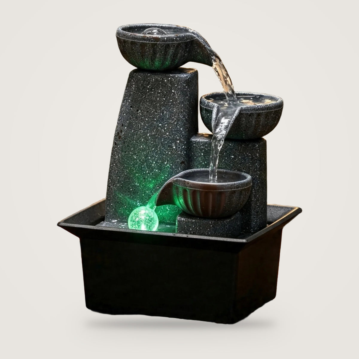 Crystal ball tabletop water fountain, Three-Tier option, on a plain light grey background