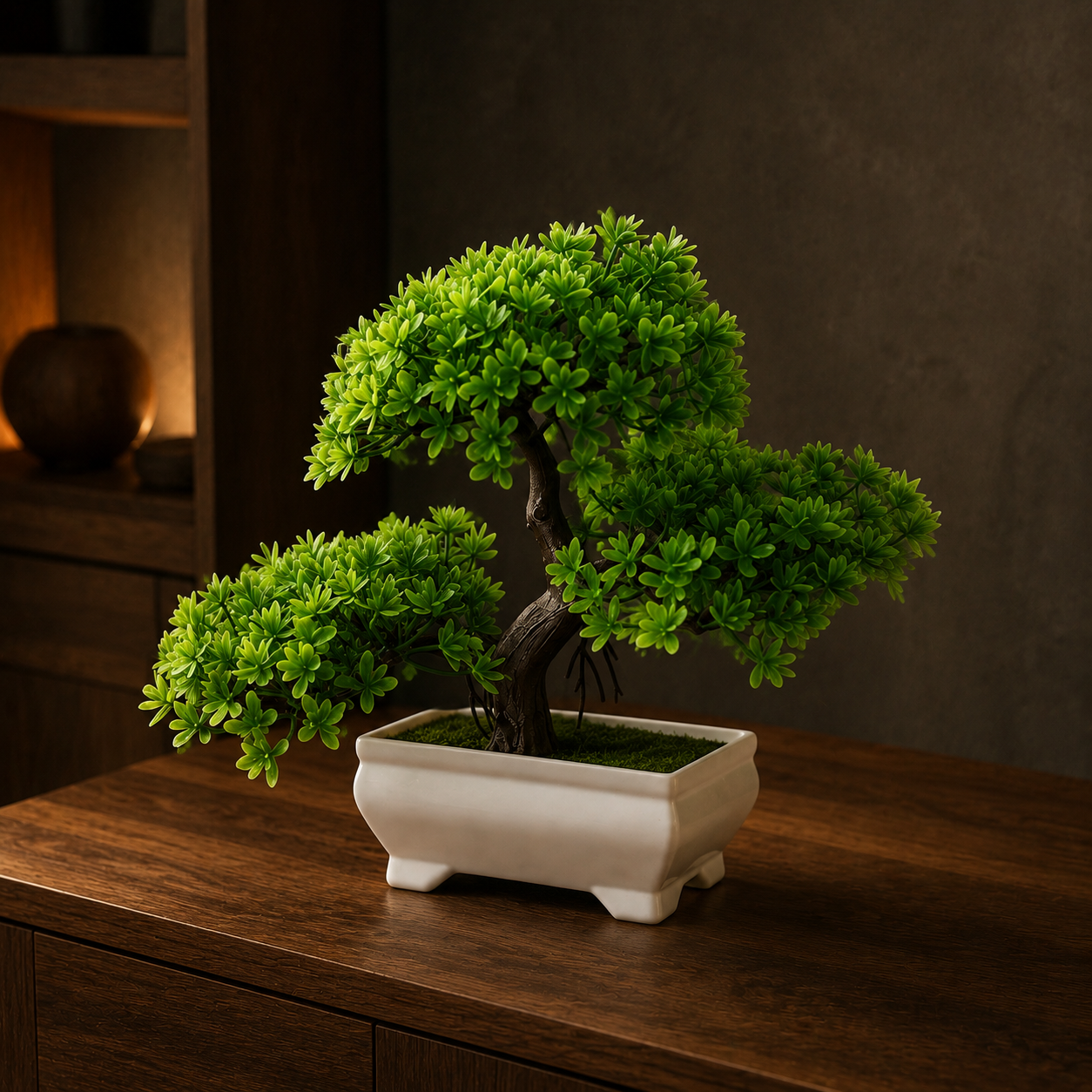 Evergreen Bonsai Tree shown from a three-quarter angle