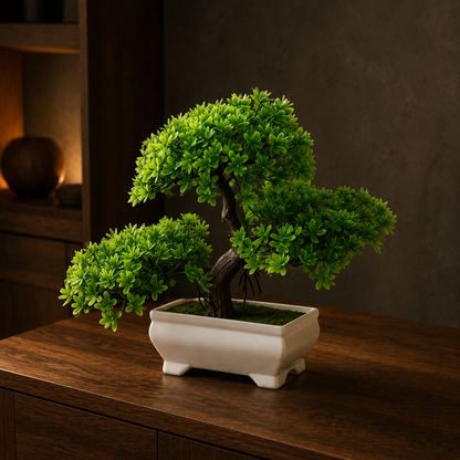 Evergreen Bonsai Tree shown from a three-quarter angle