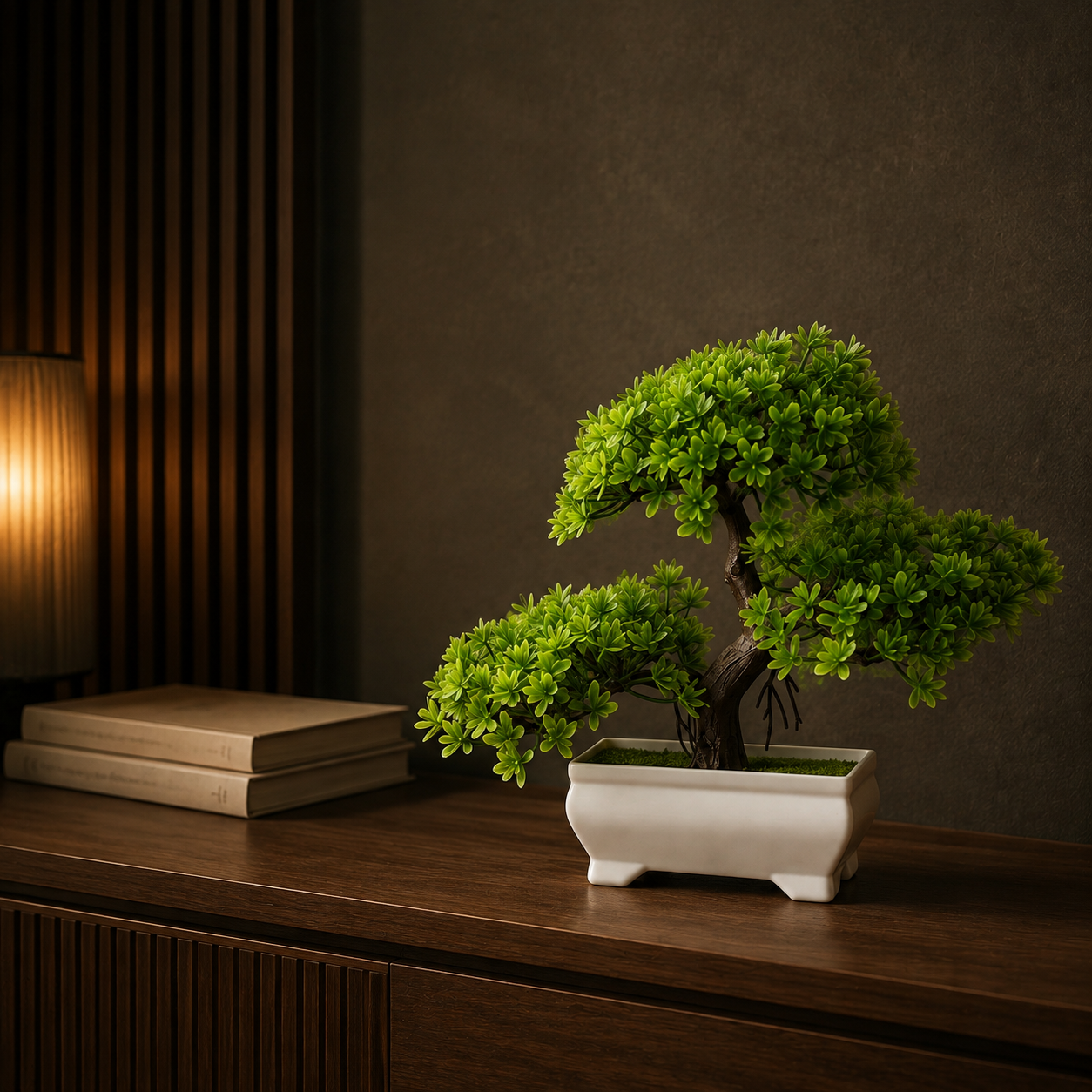 Evergreen Bonsai Tree shown in a styled room for scale