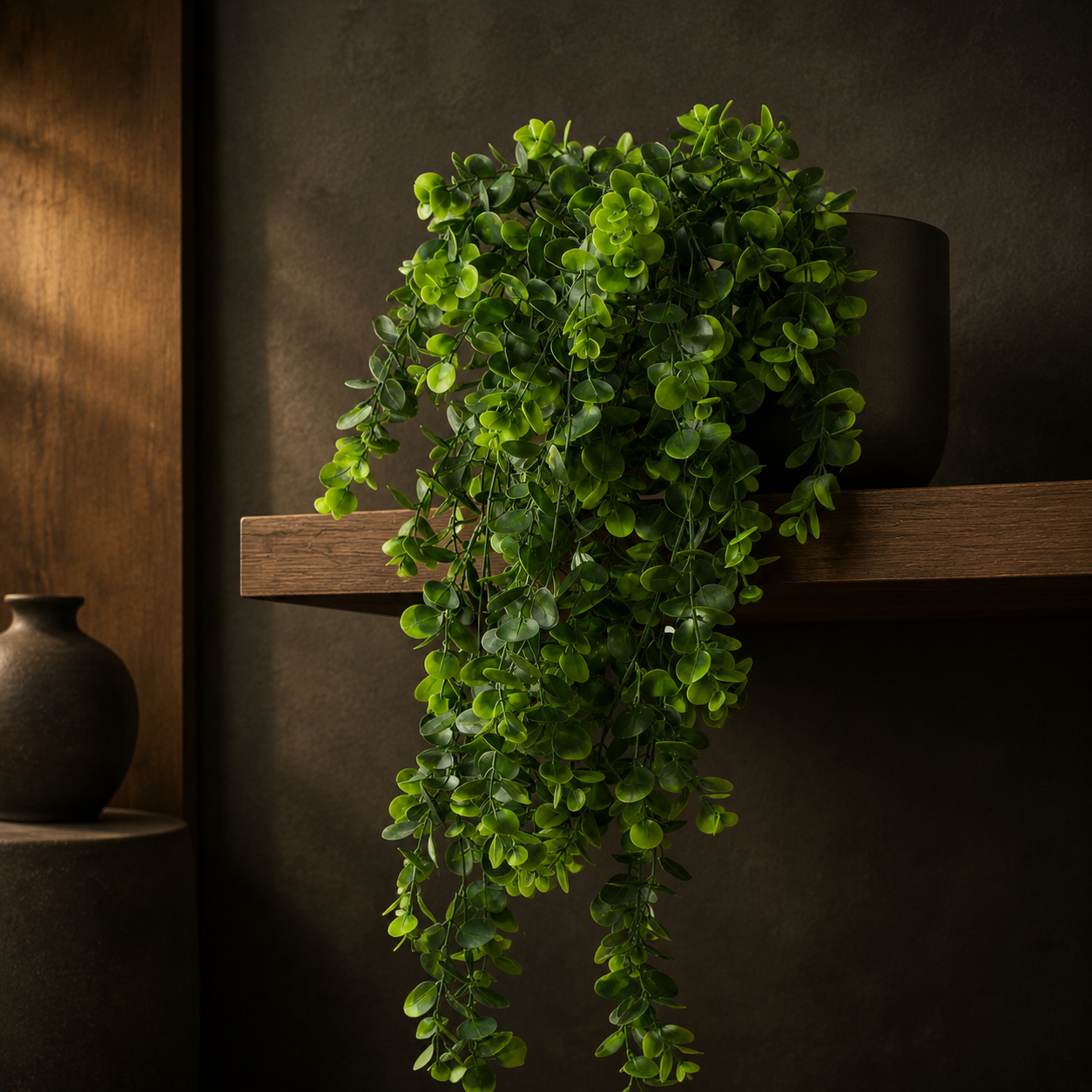 Evergreen Eucalyptus Vine styled in a warm, premium interior