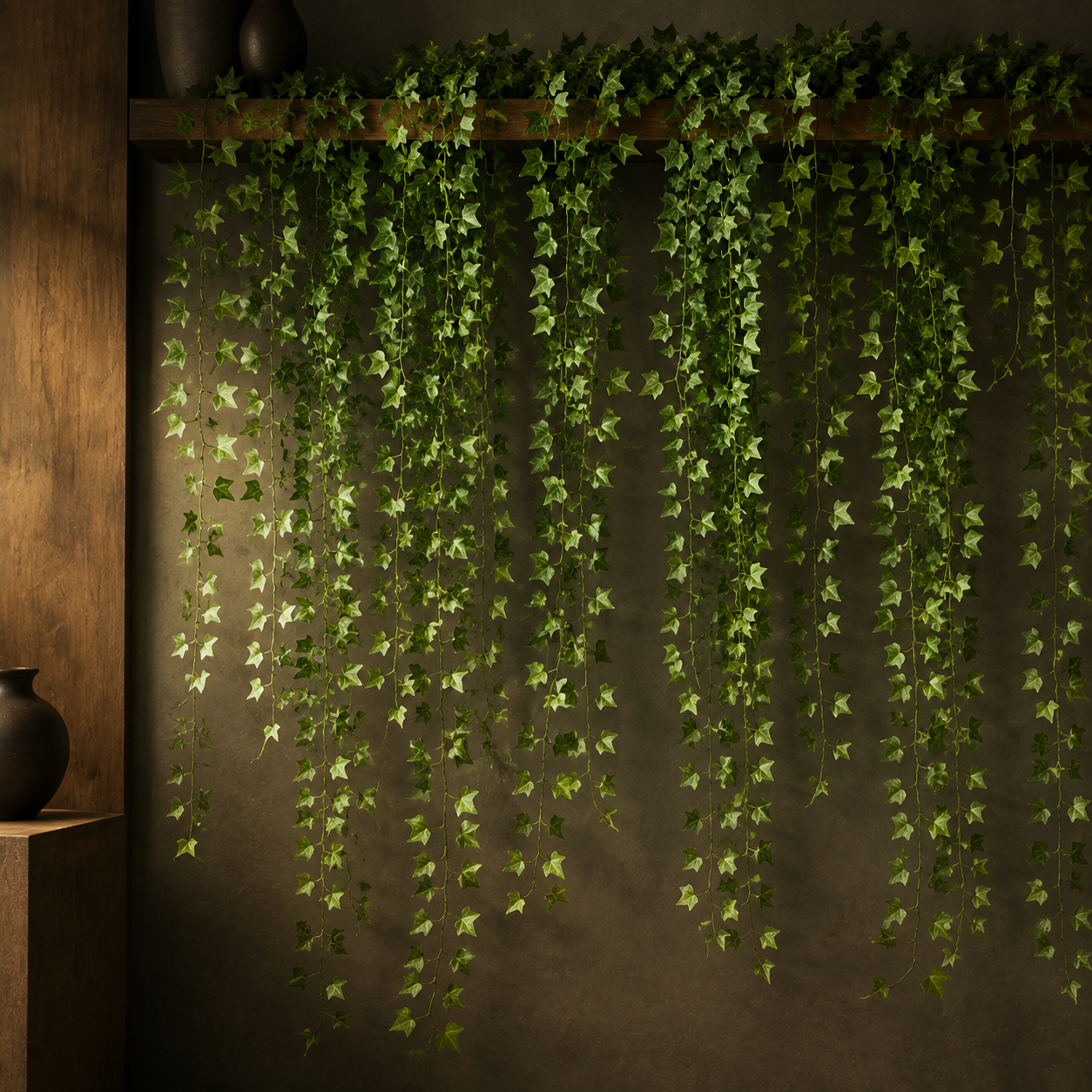 Evergreen Ivy Garland styled in a warm, premium interior