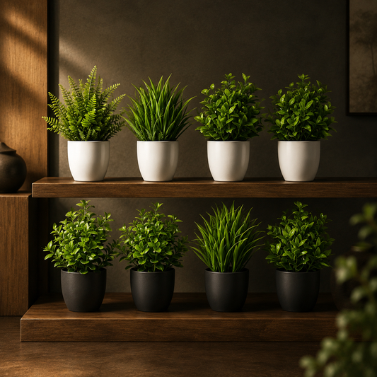 Evergreen Mini Plant Set styled in a warm, premium interior