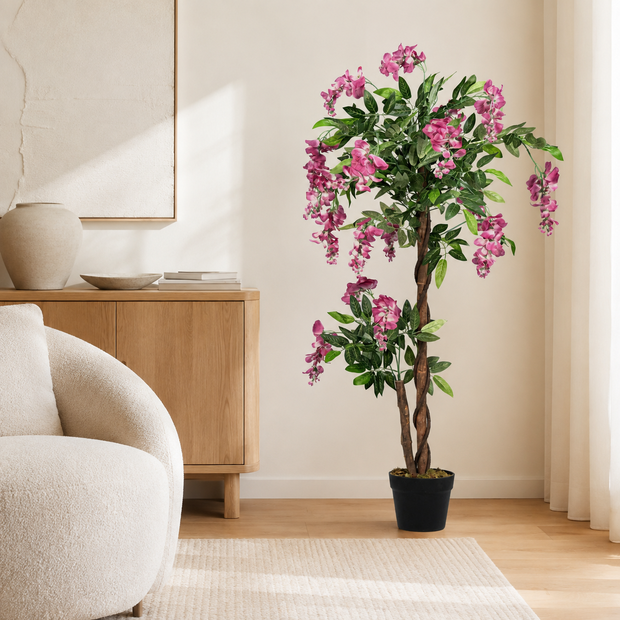 Evergreen Wisteria Tree styled in a bright contemporary room