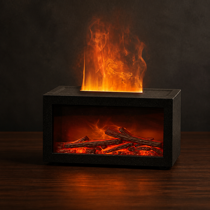 Flame-Effect Aroma Diffuser on a dark walnut surface with warm studio lighting