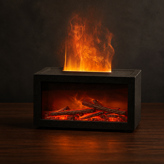Flame-Effect Aroma Diffuser on a dark walnut surface with warm studio lighting