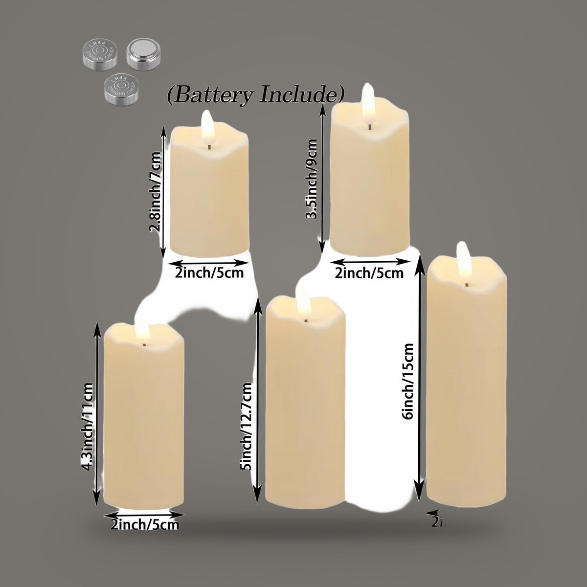 Flameless LED pillar candle set, mixed-height set option, on a plain mid grey background