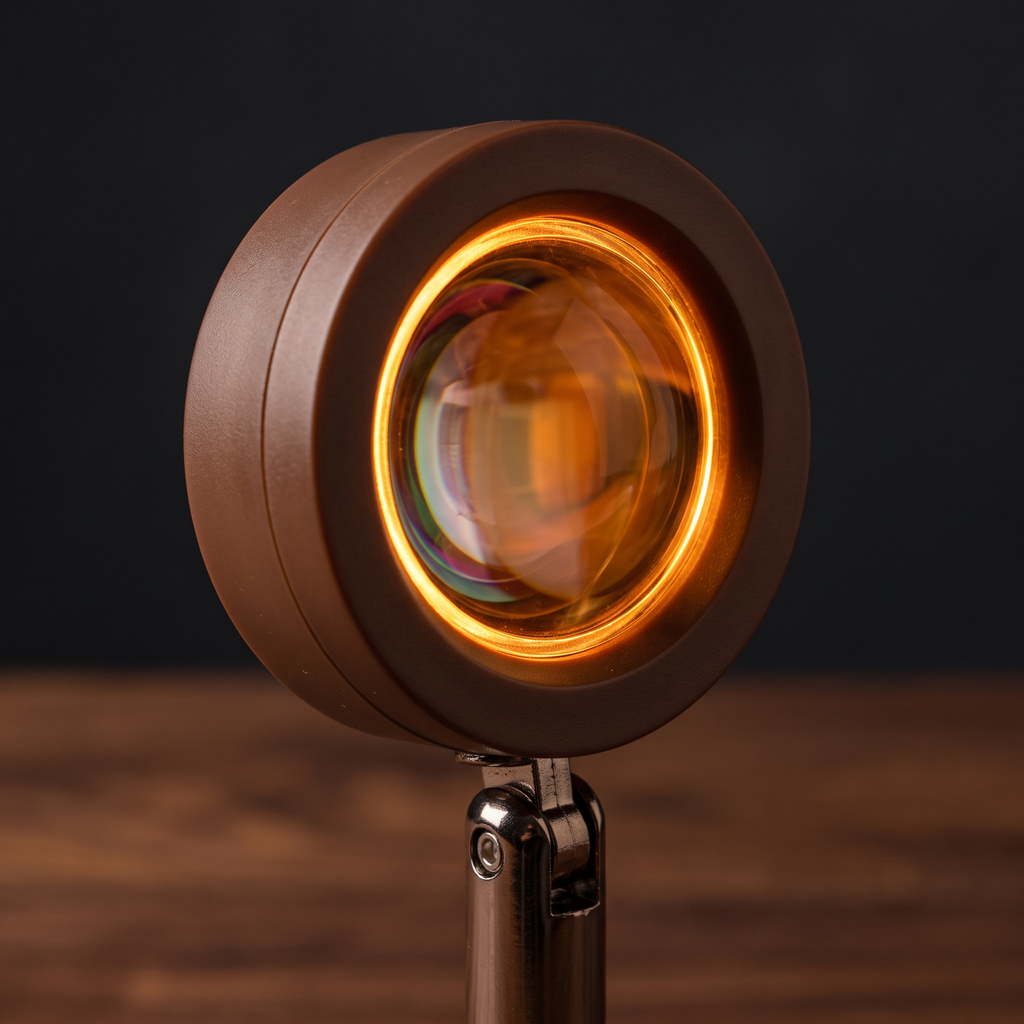 Close-up of the rotating projector head and glowing lens ring