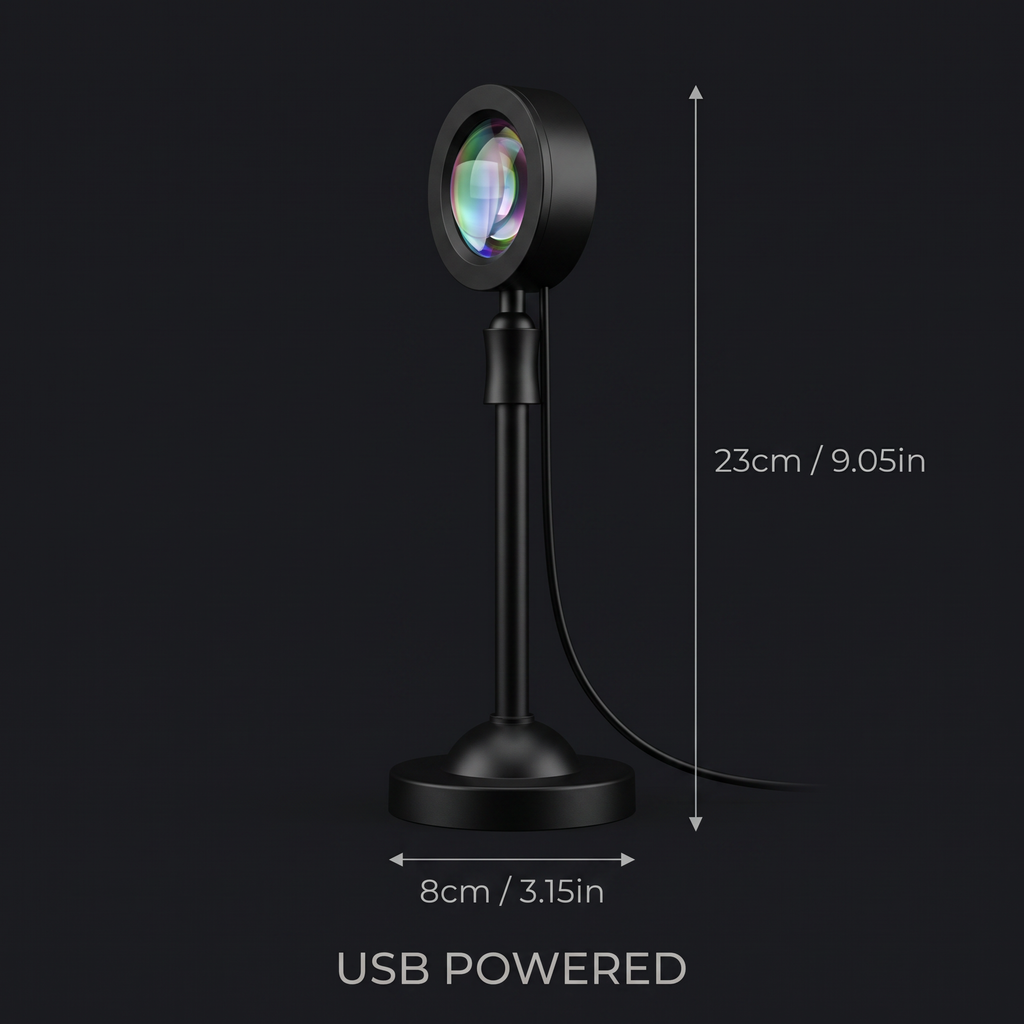 Size guide: 23cm / 9.05in tall, 8cm / 3.15in base, USB powered