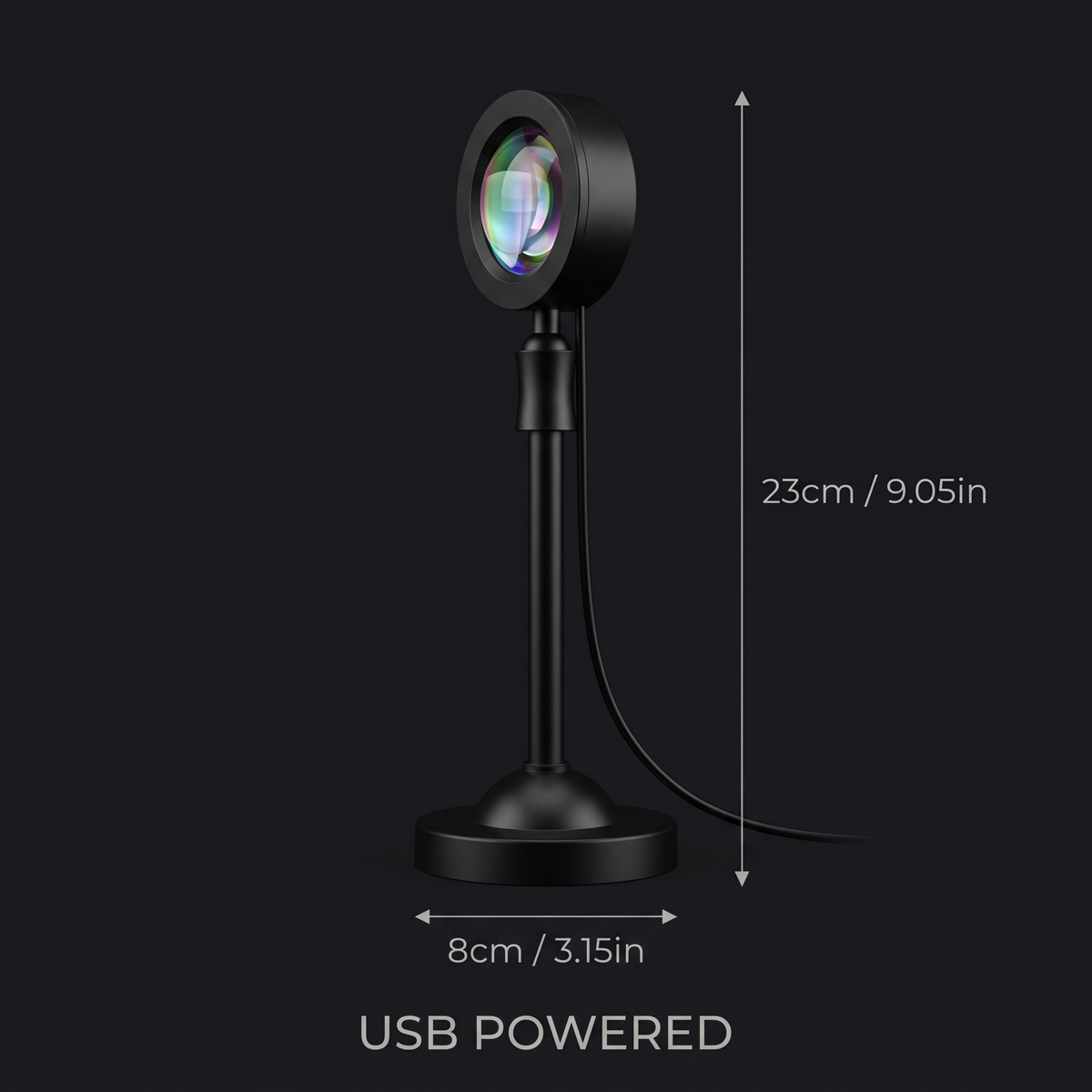 Size guide: 23cm / 9.05in tall, 8cm / 3.15in base, USB powered