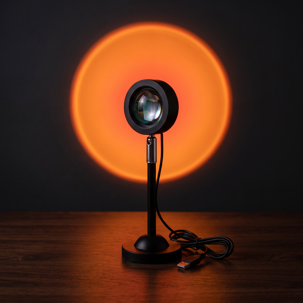 USB Sunset Projector casting a warm orange halo on a dark wall