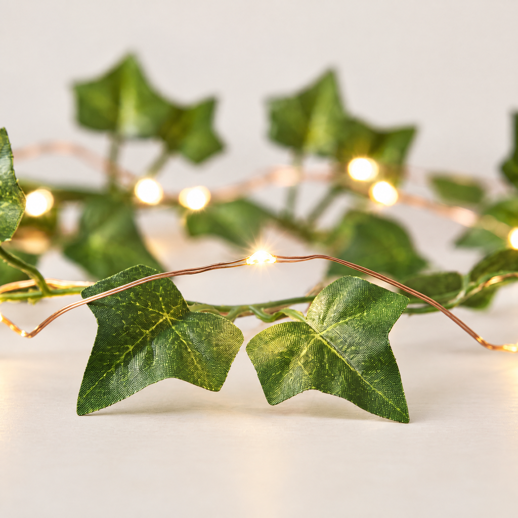 Close-up of ivy leaves and a warm micro LED on the copper wire