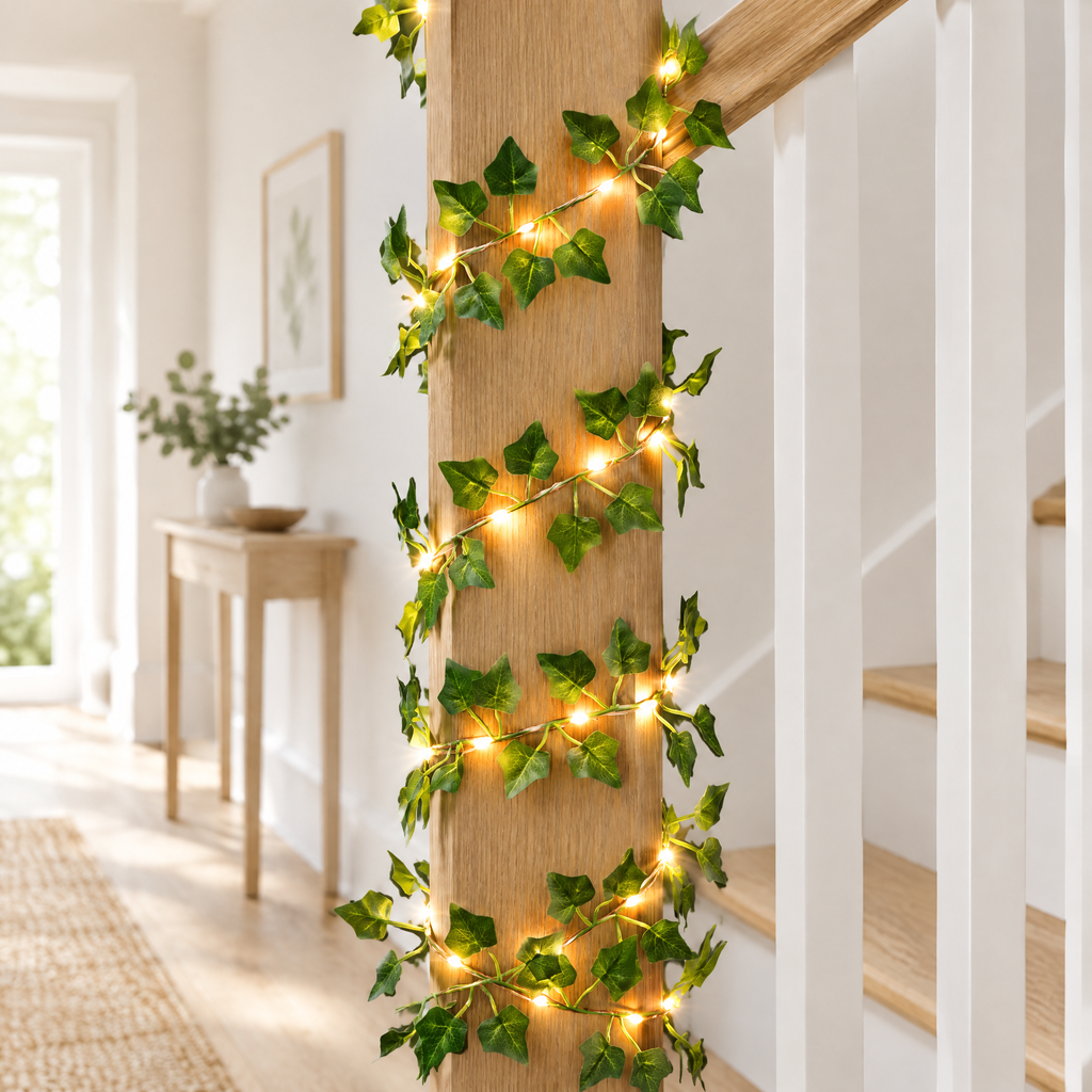 Ivy leaf fairy lights wound around a wooden bannister post