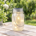 Solar mason jar lantern on a garden table in daylight