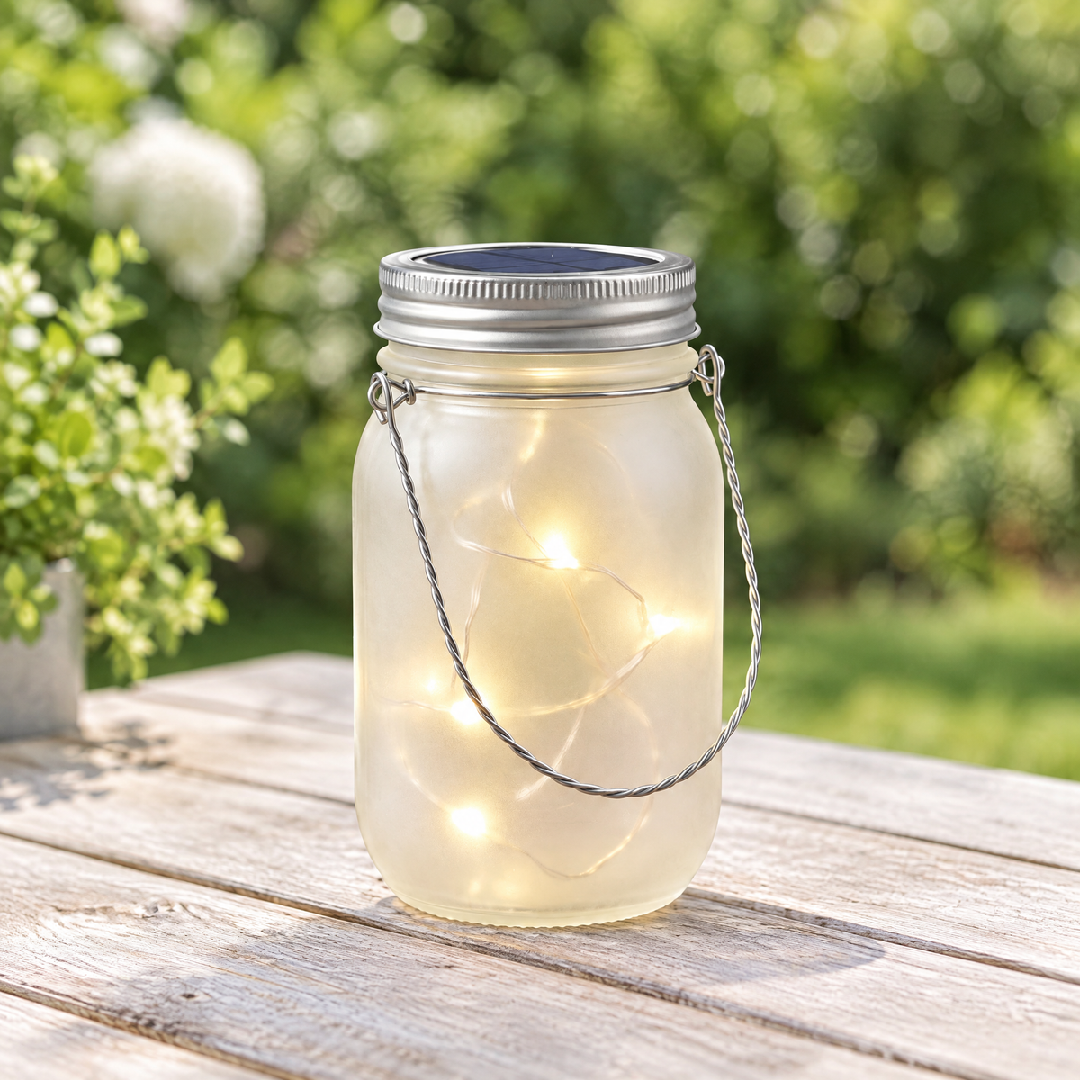 Solar mason jar lantern on a garden table in daylight