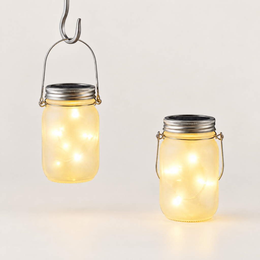 Two solar mason jar lanterns, one hanging and one standing