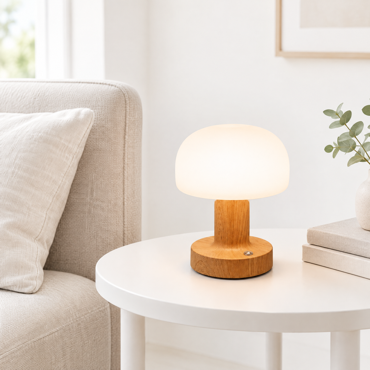 Retro mushroom lamp on a side table for scale
