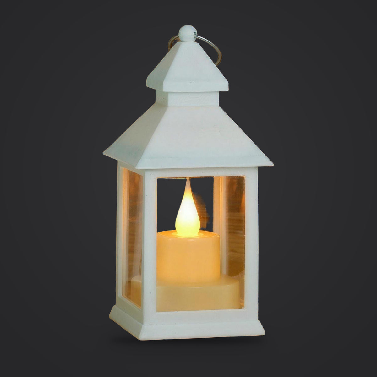 LED candle lantern, White Style A Small option, on a plain charcoal background