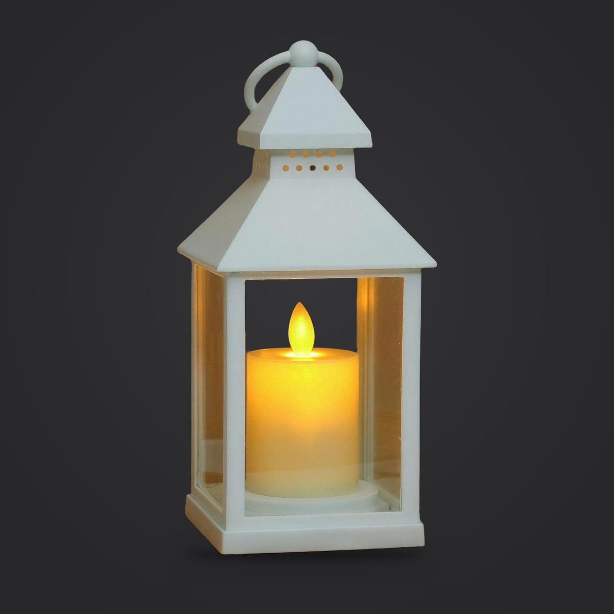 LED candle lantern, White Style A Standard option, on a plain charcoal background