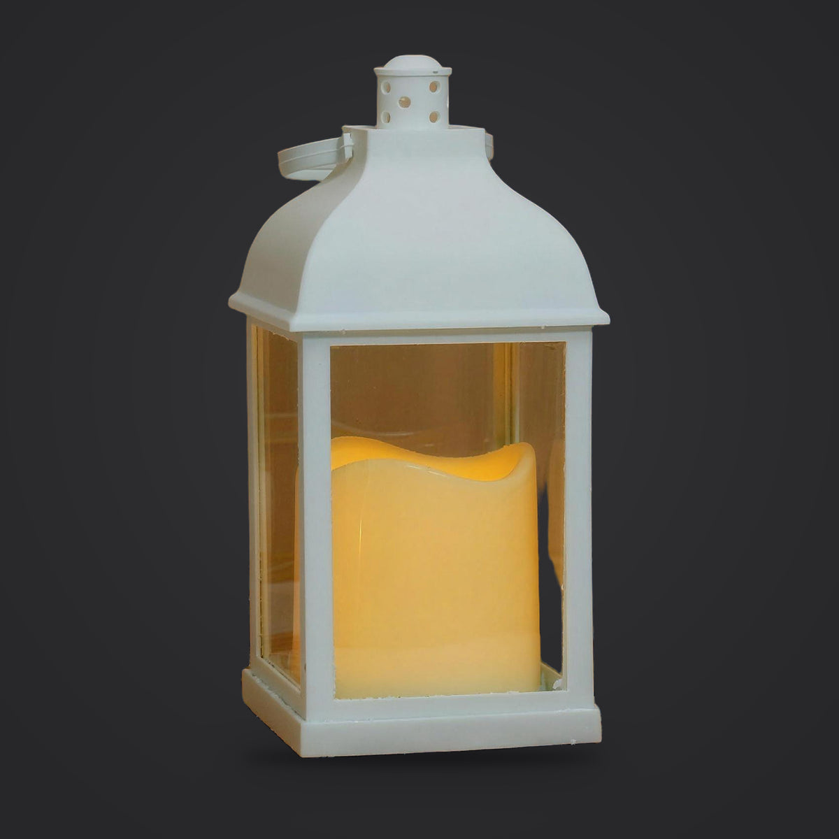 LED candle lantern, White Style B Standard option, on a plain charcoal background