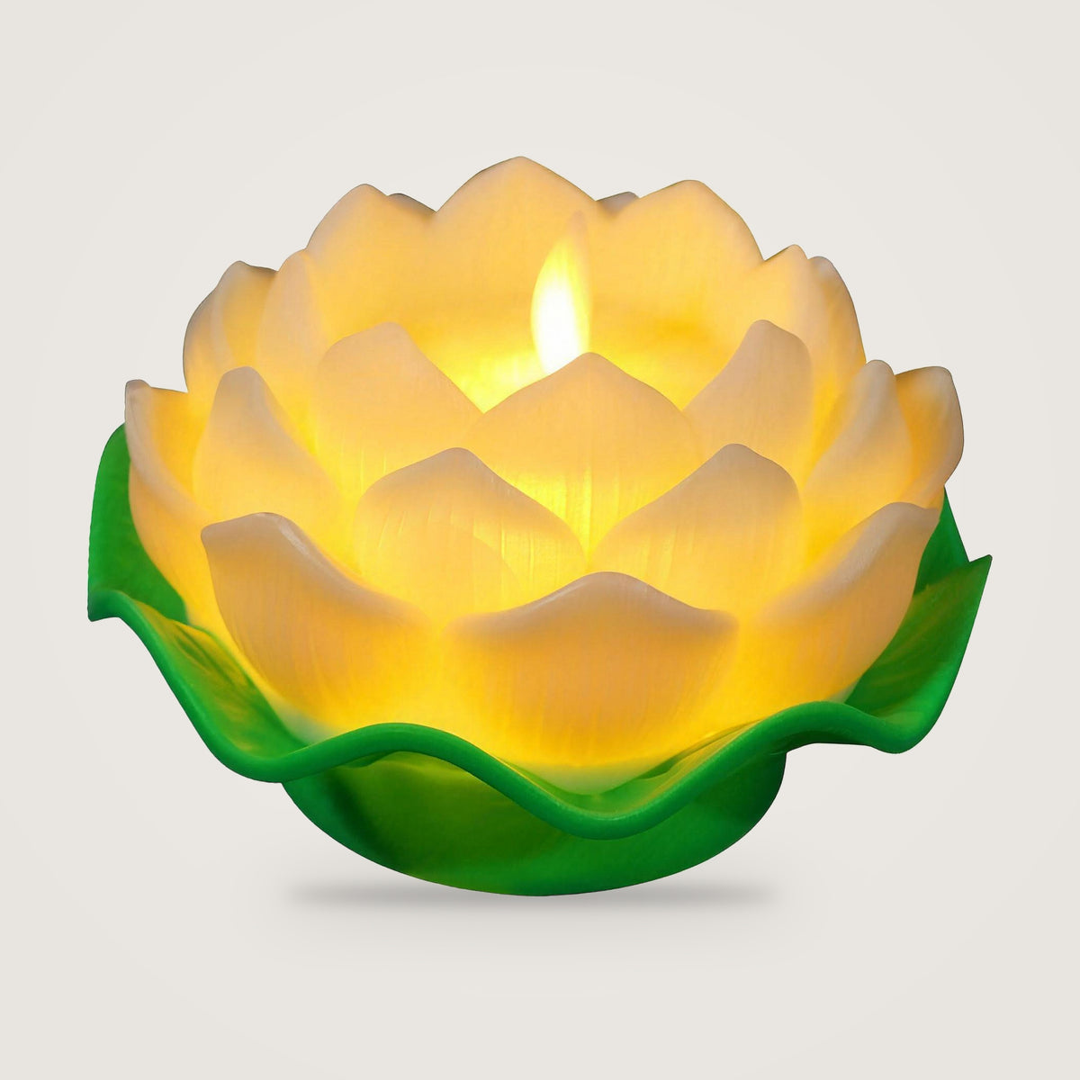 LED lotus candle, Beige option, on a plain light grey background