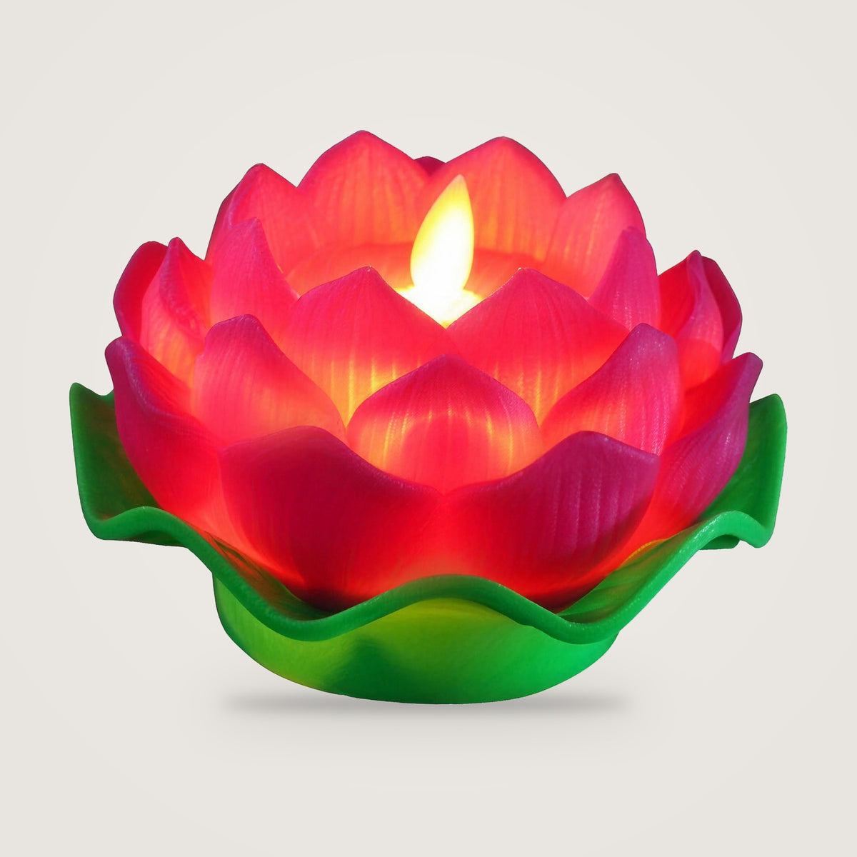 LED lotus candle, Rose Red option, on a plain light grey background