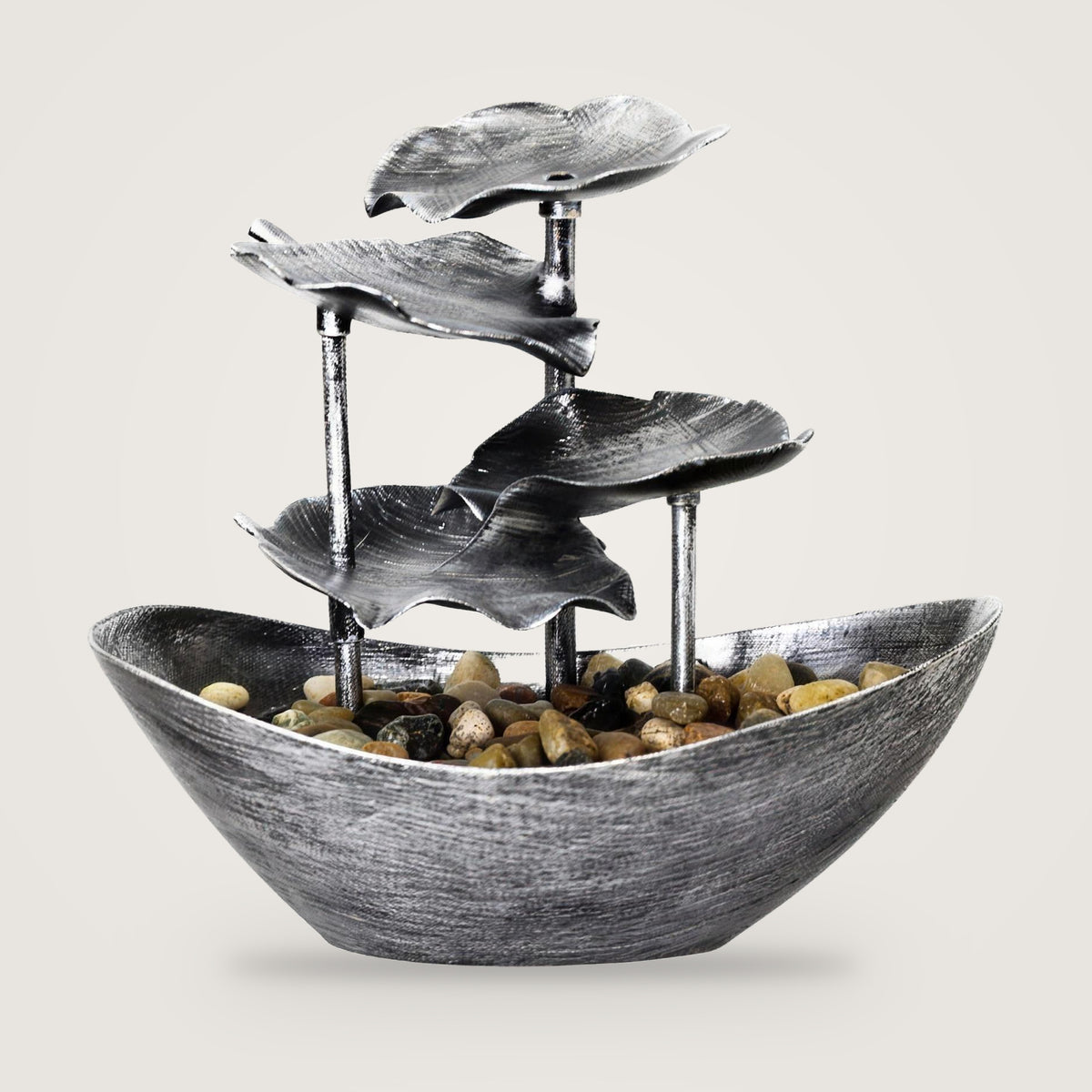 Lotus leaf tabletop water fountain, Silver option, on a plain light grey background