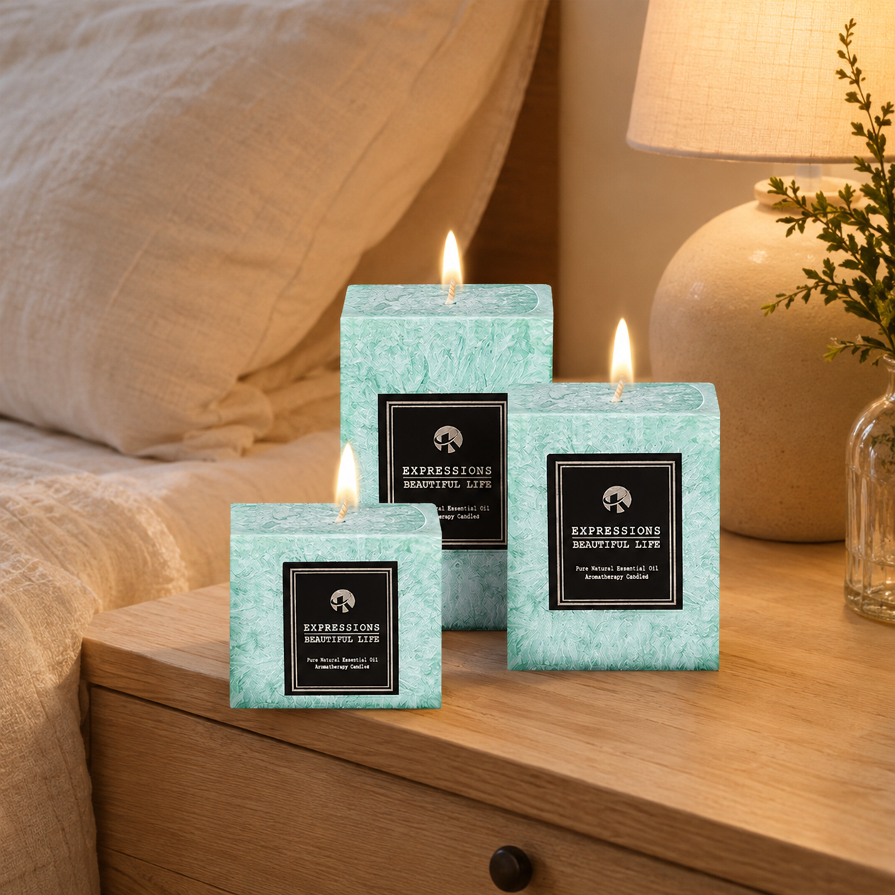 Luma Crystal Scented Candle Set styled in a calm contemporary room