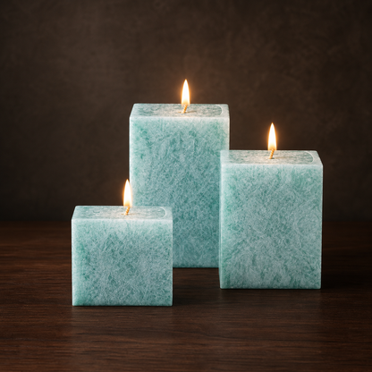 Three turquoise crystal scented candles on a dark walnut surface with warm studio lighting