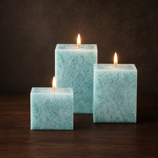 Three turquoise crystal scented candles on a dark walnut surface with warm studio lighting