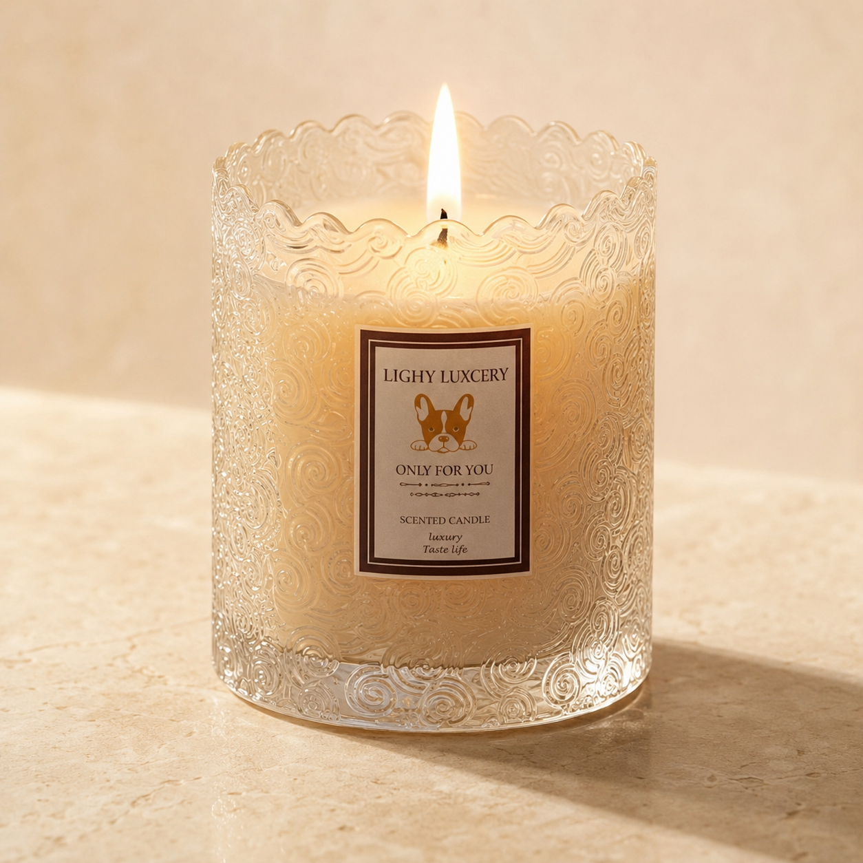 Close-up of the embossed glass on the Luma Scented Candle